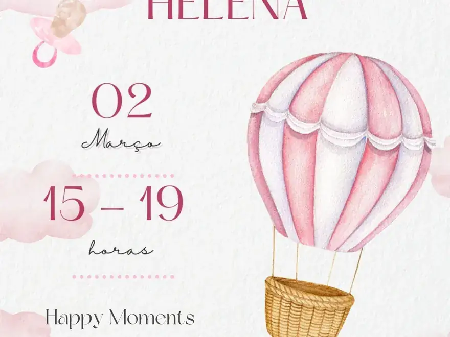 Convite de baby shower em tons pastel com balão de ar quente.