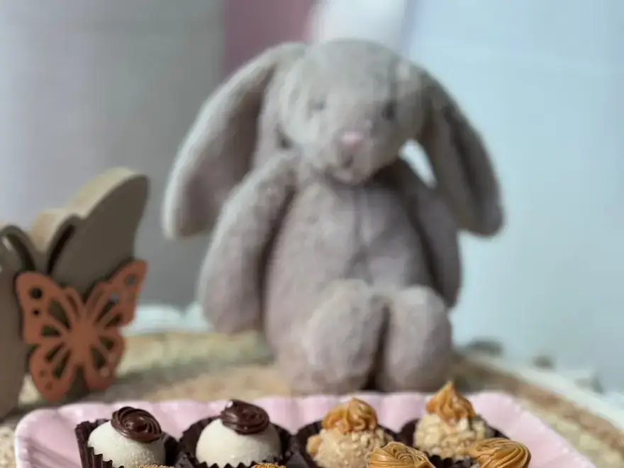 Doces de festa dispostos junto a um peluche de coelho.