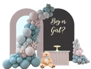 Cenário de chá revelação com painéis, balões pastel e a frase “Boy or Girl?”.