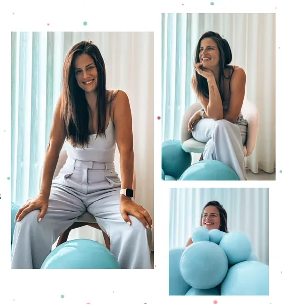 Três fotografias da Teresa Carvalho, fundadora da EverBlue Events, junto a balões azuis.